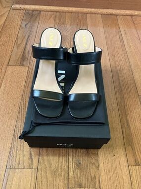 INEZ Black Leather Double-Strap Heeled Sandals